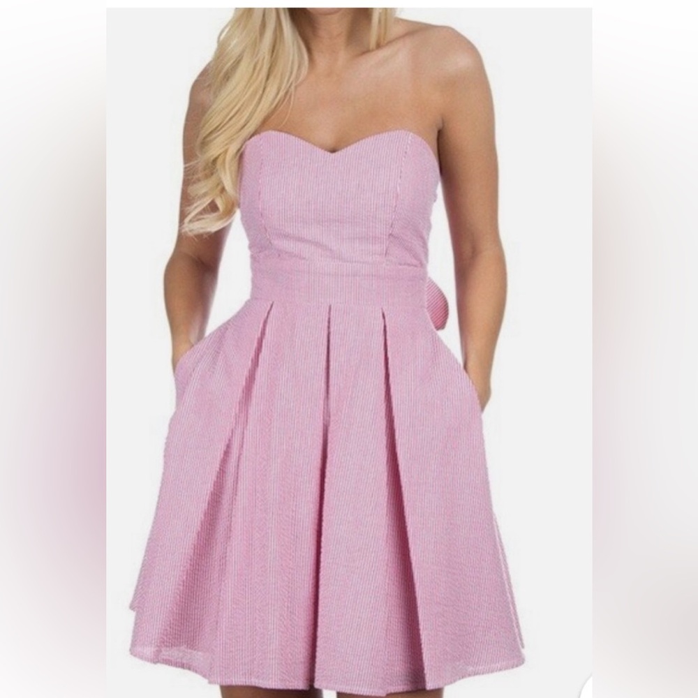 strapless seersucker mini dress